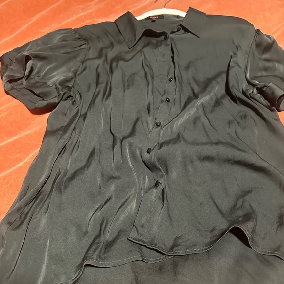 Washable Silk Puff Sleeve Forest Green Women's Top - Picture 3 of 3